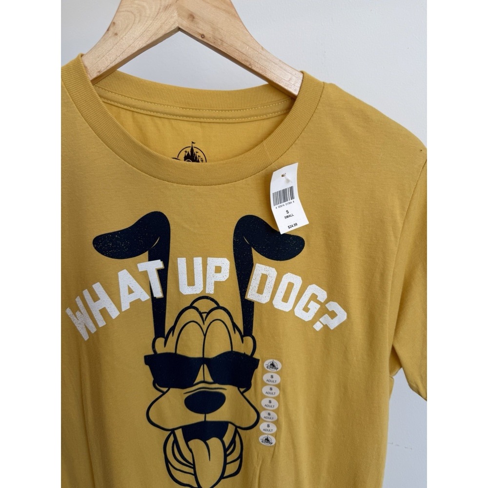 Disney Parks Pluto What Up Dog T Shirt Unisex Yellow Gold New Size Small NWT - Picture 2 of 4